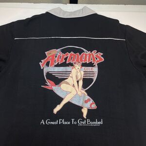 AIRMAN'S CLUB Military Dive Bar Bowling SHIRT Sz L WW2 PLANE BOMBER NOSE ART